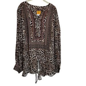 Ruby Rd Woman Blouse 2X Leopard Animal Print Tie Front Stud Embellished Rayon